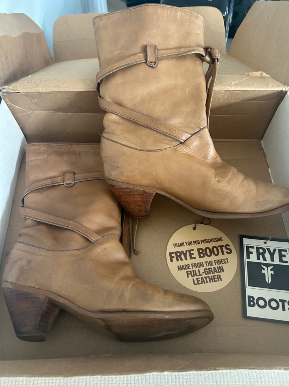 Frye Cognac Leather Mid-Calf Wrapped-Strap Heeled Boots Circa 1984